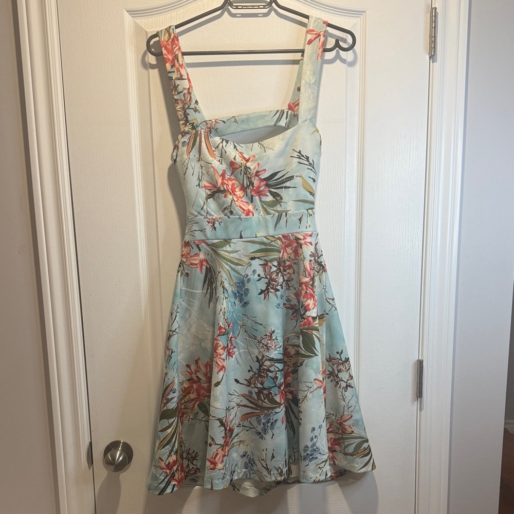 455-blue floral fit and flare dress with partially
Open back